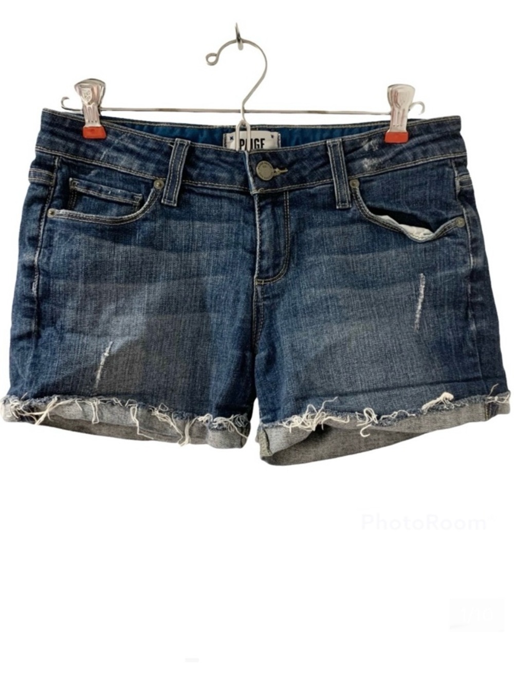 PAIGE Jimmy Jimmy Distressed Medium Wash Raw Hem Edge Denim Jean Shorts Size 25